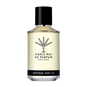 Parle Moi de Parfum - Papyrus Oud / 71 Parfumflakon mit klarer Flüssigkeit und schwarzem Verschluss vor weißem Hintergrund