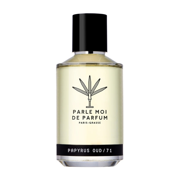 Parle Moi de Parfum - Papyrus Oud / 71 Parfumflakon mit klarer Flüssigkeit und schwarzem Verschluss vor weißem Hintergrund