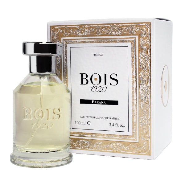 Bois 1920 - Trasparenti - Paranà Parfum in klarem Flakon mit schwarzem Verschluss vor weiß-goldener Verpackung