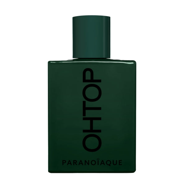 OHTOP - Paranoïaque Parfumflakon in dunklem Grün mit schwarzer vertikaler Schrift auf rechteckiger Form