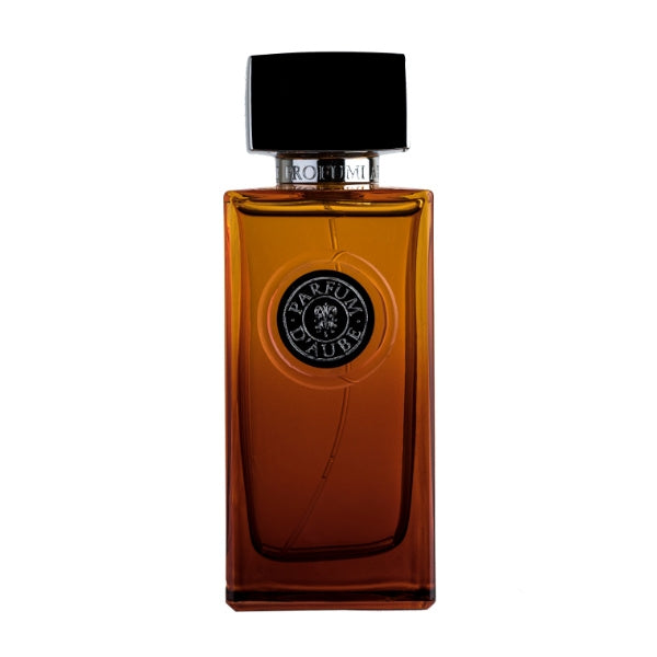 Arte Profumi - Parfum d'Aube Parfumflakon in warmem Orange mit schwarzem Verschluss und rundem Emblem mittig am Flakon