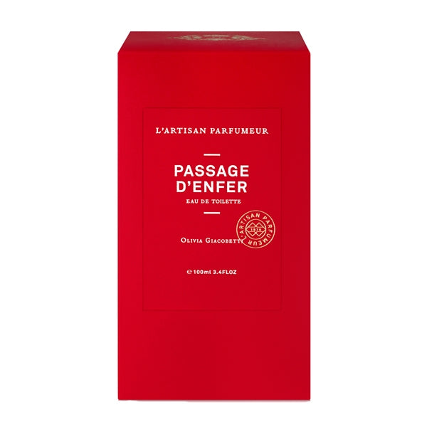 L'Artisan Parfumeur Passage d'Enfer Eau de Toilette in bright red rectangular box with white text and logo on white background