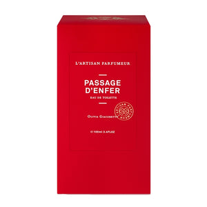 L'Artisan Parfumeur Passage d'Enfer Eau de Toilette in bright red rectangular box with white text and logo on white background