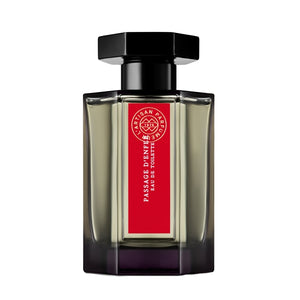 L'Artisan Parfumeur Passage d'Enfer Eau de Toilette in hexagonal bottle with black cap and red label on white background
