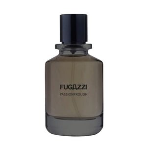 Fugazzi - Passionfroudh zeigt minimalistischen Flakon mit dunklem Verschluss und leicht getöntem Glas vor weißem Hintergrund
