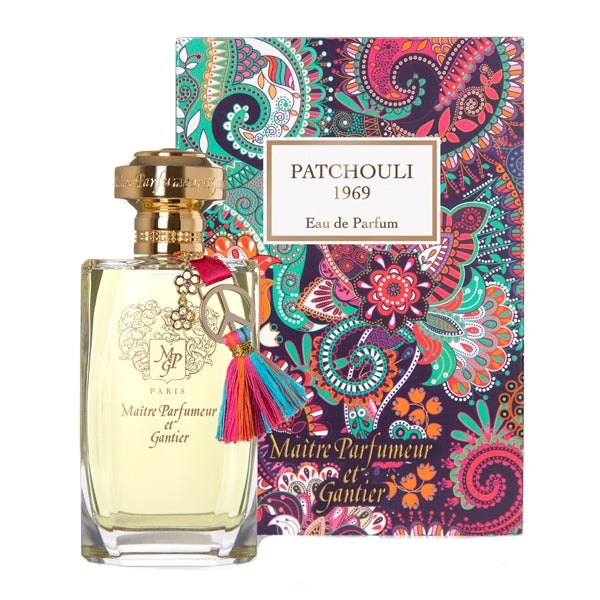 Maître Parfumeur et Gantier - Patchouli 1969 Eau de Parfum Flakon mit bunter Quaste und farbenfroher Verpackung