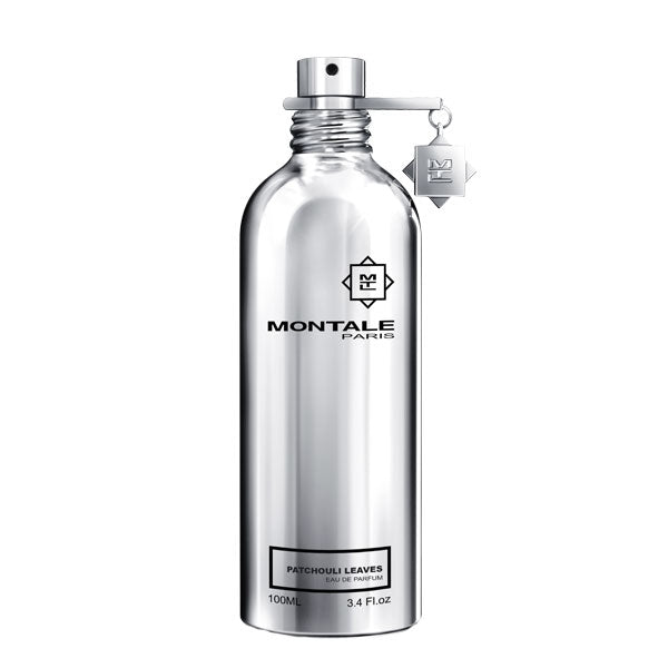 Montale Patchouli Leaves Eau de Parfum in polished reflective silver bottle with hanging charm on white background