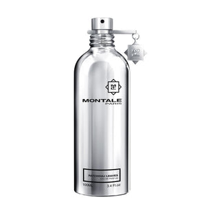 Montale Patchouli Leaves Eau de Parfum in polished reflective silver bottle with hanging charm on white background