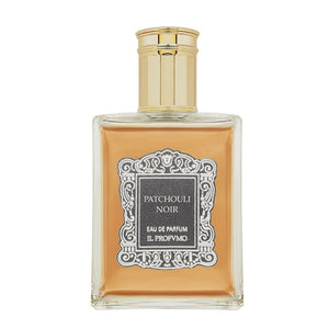 Il Profumo - Patchouli Noir Parfumflakon mit bernsteinfarbener Flüssigkeit und goldfarbenem Verschluss vor hellem Hintergrund