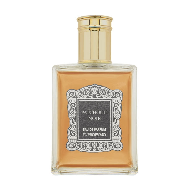 Il Profumo - Patchouli Noir Parfumflakon mit bernsteinfarbener Flüssigkeit und goldfarbenem Verschluss vor hellem Hintergrund