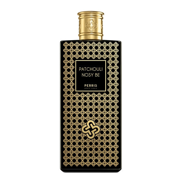 Perris Monte Carlo - Patchouli Nosy Be eleganter schwarzer Flakon mit goldfarbenem Ornamentmuster und verschlossenem Deckel