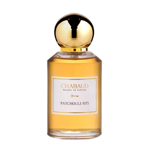 Chabaud - Luxury Line - Patchouli 1973 Parfümflakon mit goldenem, runden Verschluss auf weißem Hintergrund