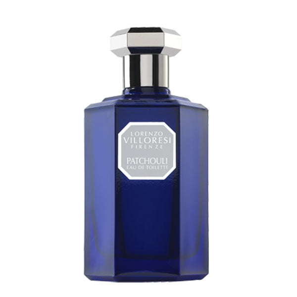 Lorenzo Villoresi Patchouli Eau de Toilette in deep blue geometric bottle with silver octagonal cap on white background