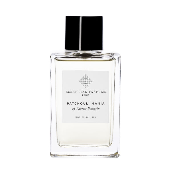 Essential Parfums - Patchouli Mania klarer Parfumflakon mit schwarzem Deckel vor weißem Hintergrund
