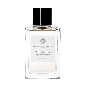 Essential Parfums - Patchouli Mania klarer Parfumflakon mit schwarzem Deckel vor weißem Hintergrund