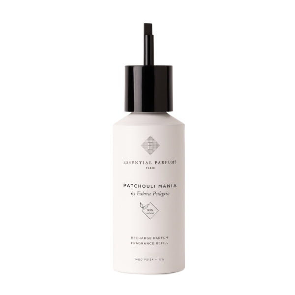 Essential Parfums - Patchouli Mania Nachfüllflasche mit schwarzem Pumpaufsatz vor weißem Hintergrund