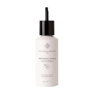 Essential Parfums - Patchouli Mania Nachfüllflasche mit schwarzem Pumpaufsatz vor weißem Hintergrund