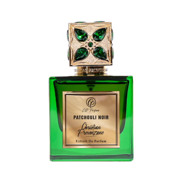 Christian Provenzano - Patchouli Noir Parfumflakon in grünem Glas mit kunstvoll verziertem goldfarbenem Verschluss und elegantem Label