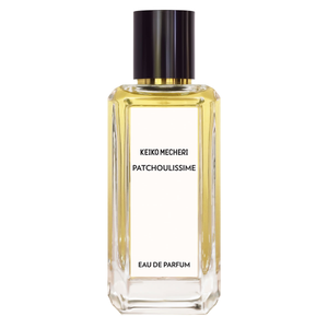 Keiko Mecheri - Patchoulissime klarer Parfumflakon mit goldfarbenem Duft und schwarzem Deckel in schlichter Form