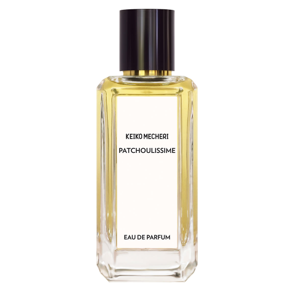Keiko Mecheri - Patchoulissime klarer Parfumflakon mit goldfarbenem Duft und schwarzem Deckel in schlichter Form
