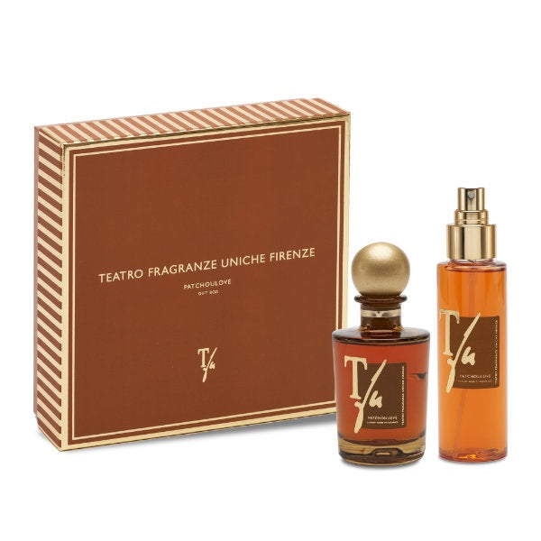 Teatro - Patchoulove - Gift Box mit elegantem braun-goldenem Design, Flakon und Sprayflasche stilvoll präsentiert