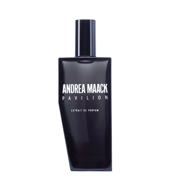 Andrea Maack Parfums - Pavilion Parfümflakon in schlichtem Schwarz mit weißer Schrift vor weißem Hintergrund