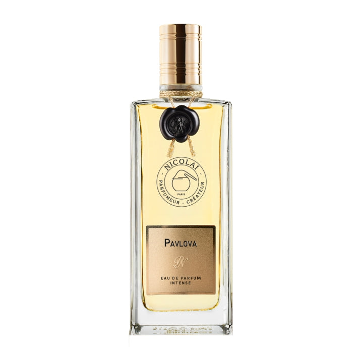 Nicolaï - Pavlova Intense Parfümflakon mit goldfarbenem Verschluss und elegantem rechteckigem Design vor weißem Hintergrund