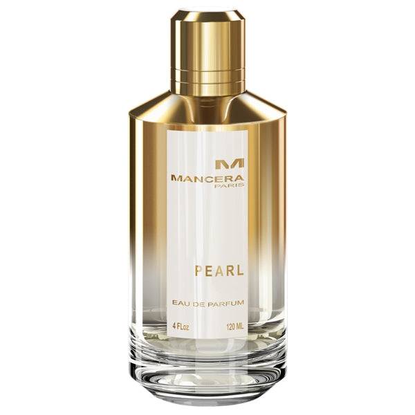 Mancera - Pearl Parfumflakon mit goldenem verschluss und klarer, goldweiß verlaufender flasche vor weißem hintergrund
