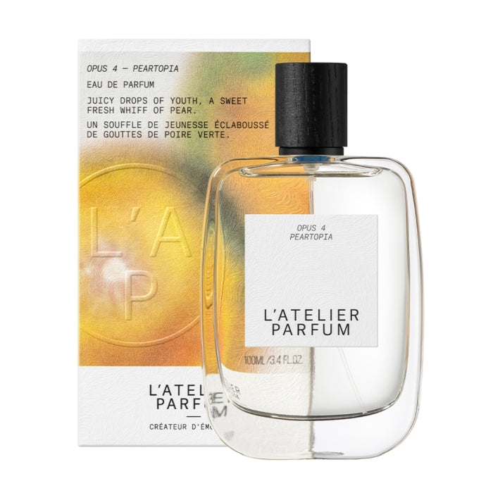 L'Atelier Parfum - Opus 4 - Peartopia Flakon mit klarem Glas und schwarzem Deckel vor goldenem Hintergrund