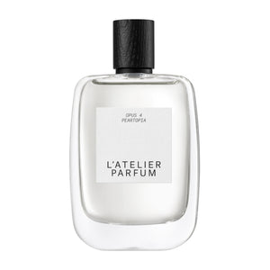 L'Atelier Parfum - Opus 4 - Peartopia Flakon mit klarem Glas und schwarzem Verschluss vor weißem Hintergrund