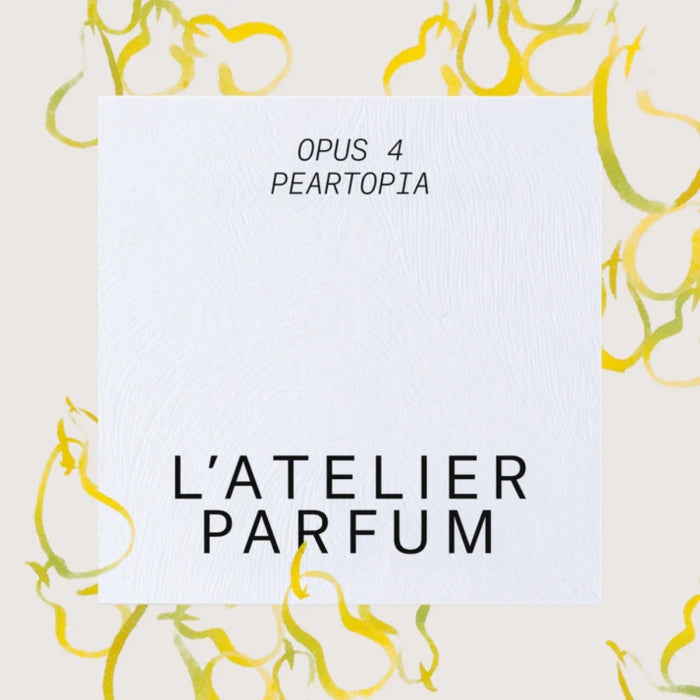 L'Atelier Parfum - Opus 4 - Peartopia Papierverpackung mit schwarzem Schriftzug und gelben Birnenzeichnungen auf hellem Hintergrund