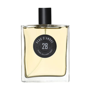 Pierre Guillaume - Peau d'Ambre No.28 Parfumflakon mit klarem Glas und schwarzem runden Label vor weißem Hintergrund