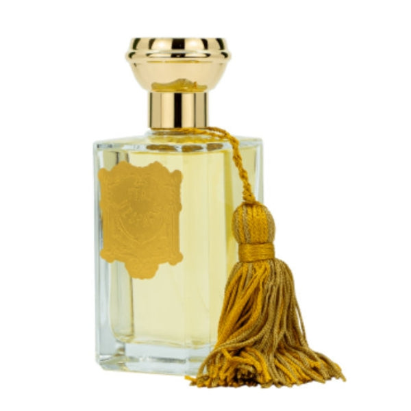 Oriza L. Legrand - Peau d'Espagne edler Flakon mit goldenem Verschluss und dekorativer Quaste vor weißem Hintergrund