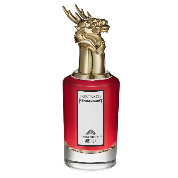 Penhaligon's - Portraits - The World According to Arthur Parfumflakon mit rotem Glas und goldenem Hirsch-Motiv vor weißem Hintergrund