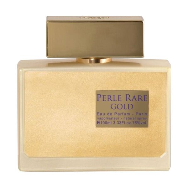 Panouge Paris - Perle Rare Gold Parfumflakon in goldener Optik mit rechteckigem Verschluss vor weißem Hintergrund