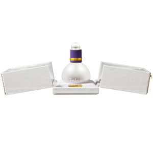 Isabey - Gardénia - Extrait de Parfum Flakon in Perlmut mit violettem Samtverschluss und elegantem weißem Etui geöffnet
