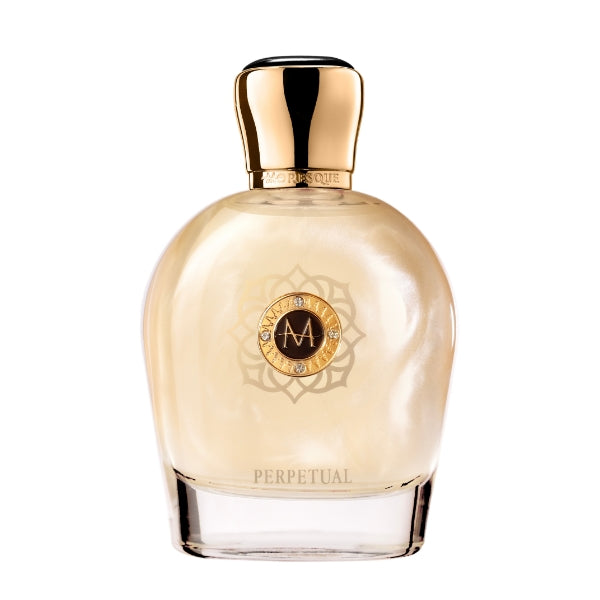 Moresque Parfum - Art of Blend - Perpetual elegant schimmernder Flakon mit goldfarbenem Verschluss vor weißem Hintergrund