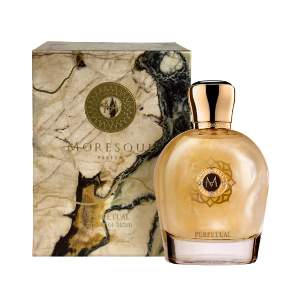 Moresque Parfum - Art of Blend - Perpetual eleganter Flakon mit goldschimmerndem Finish vor Marmor-Kartonverpackung