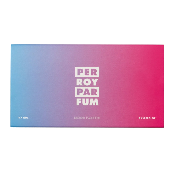 Perroy Parfum - Travel Set elegante Box mit sanftem Farbverlauf in Blau und Pink für acht Duftkompositionen