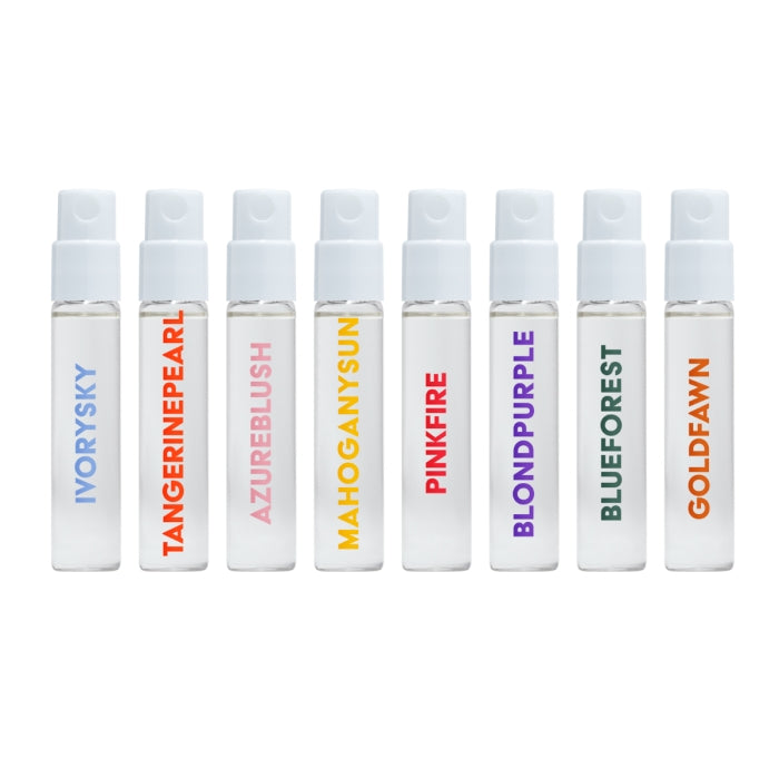 Perroy Parfum - Discovery Set mit acht klaren Duftproben in weißen Zerstäuberfläschchen und bunten Schriftzügen