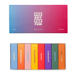 Perroy Parfum - Discovery Set mit acht farblich unterschiedlichen Duftproben in eleganter Box mit Farbverlauf