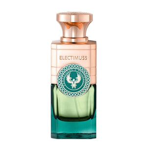Electimuss - Persephone's Patchouli Flakon mit kupferfarbenem Verschluss und grünblauem Glas in stilvoller Gestaltung