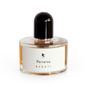 Baruti - Perverso - Eau de Parfum Flakon mit rundem Glas und schwarzem Deckel vor weißem Hintergrund