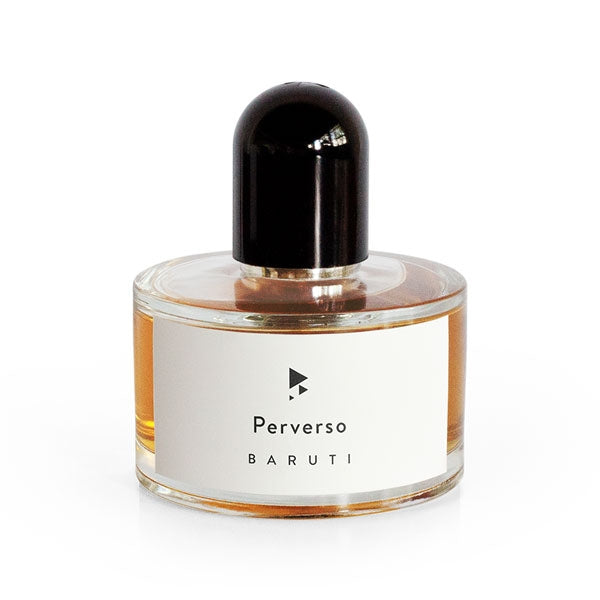 Baruti - Perverso - Eau de Parfum Flakon mit rundem Glas und schwarzem Deckel vor weißem Hintergrund