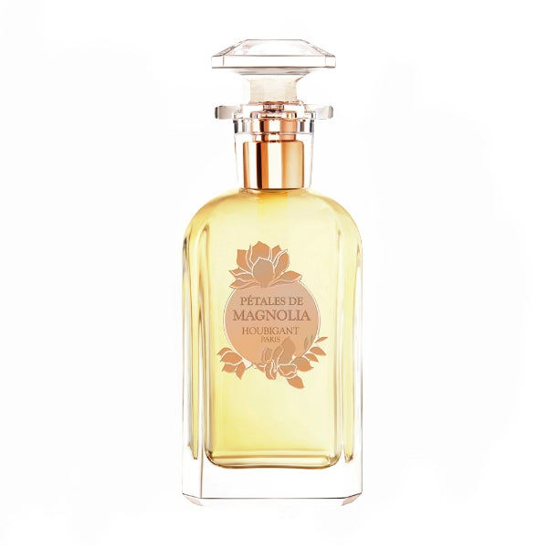Houbigant - Pétales de Magnolia Parfümflakon mit goldenem Duft und elegantem, transparentem Glasdesign vor weißem Hintergrund