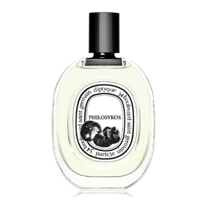 Diptyque Philosykos perfume in clear oval bottle with black cap and fig illustration on white background