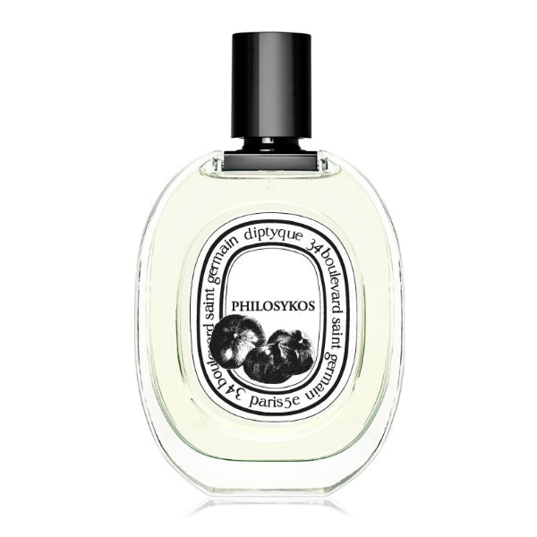 Diptyque Philosykos perfume in clear oval bottle with black cap and fig illustration on white background