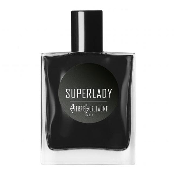 Pierre Guillaume - Black Collection - Superlady Parfumflakon in elegantem schwarz-matt mit klarer Glasbasis vor weißem Hintergrund