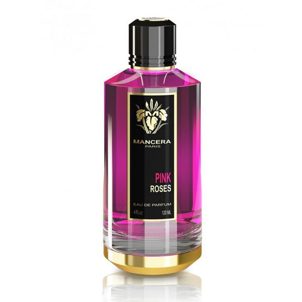 Mancera - Pink Roses Parfumflakon in pinkfarbenem Glas mit schwarzem Etikett und goldfarbenem Detail auf weißem Hintergrund