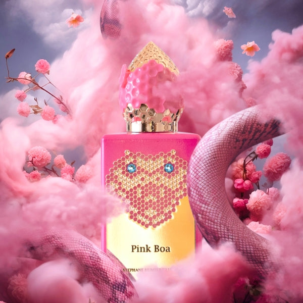 Stéphane Humbert Lucas 777 - Pink Boa Flakon umgeben von rosa Rauch, Blüten und schlangenförmigem Muster